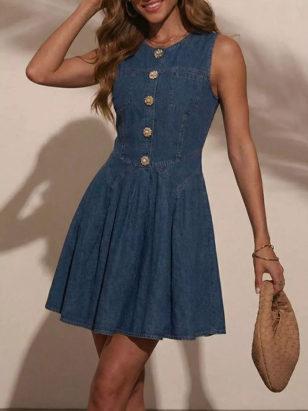 Button Decor Sleeveless Denim Dress, image 4