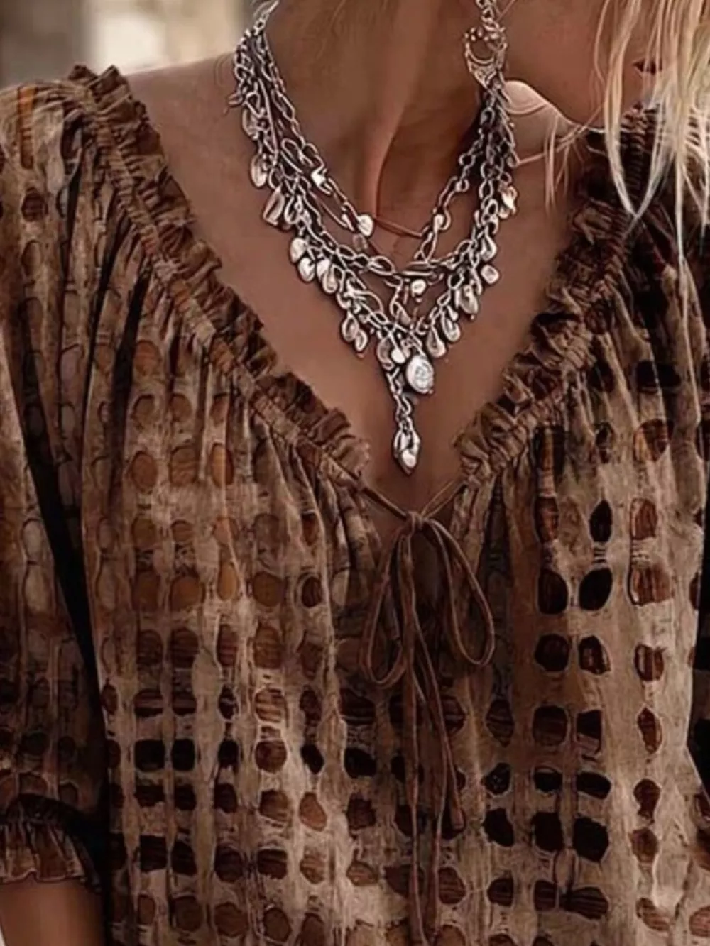 Full Size Tie Neck 3/4 Sleeve Blouse Plus Size, image 11