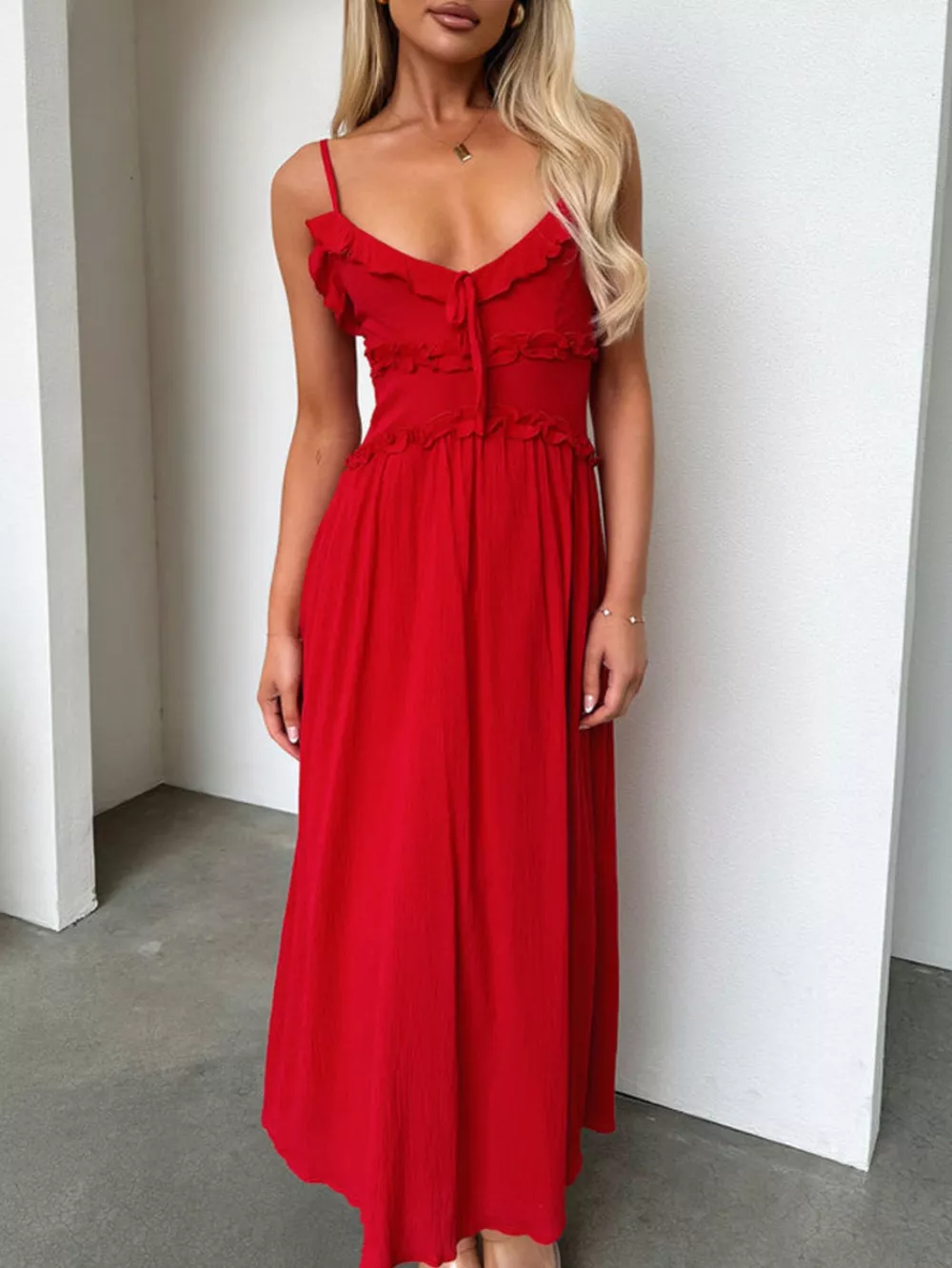 Ruffled Trimmed Spaghetti Strap Midi Dress, image 9