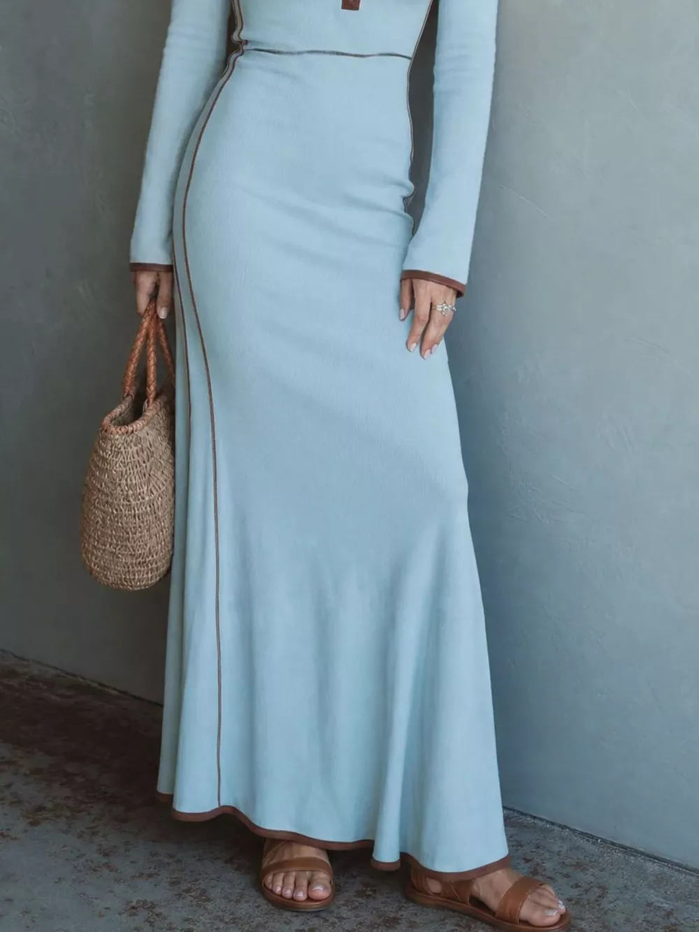 Full Size Contrast Trim Zip-Up Long Sleeve Knit Maxi Dress Plus Size, image 4