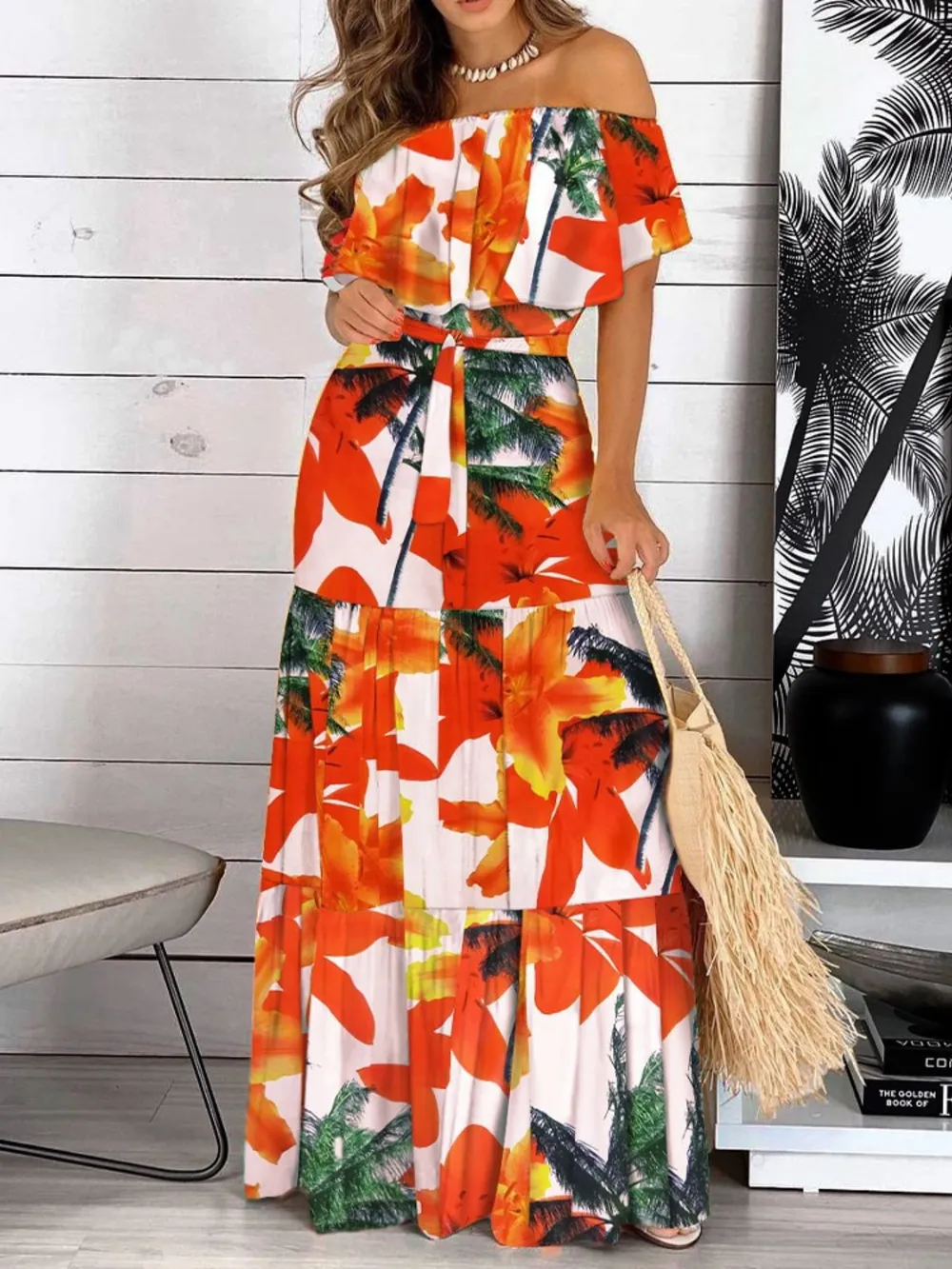 Printed Off Shoulder Maxi Dress, image 3