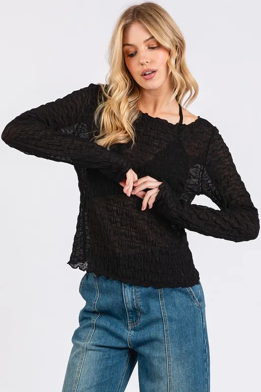 Lettuce Hem Boat Neck Long Sleeve Blouse, image 2