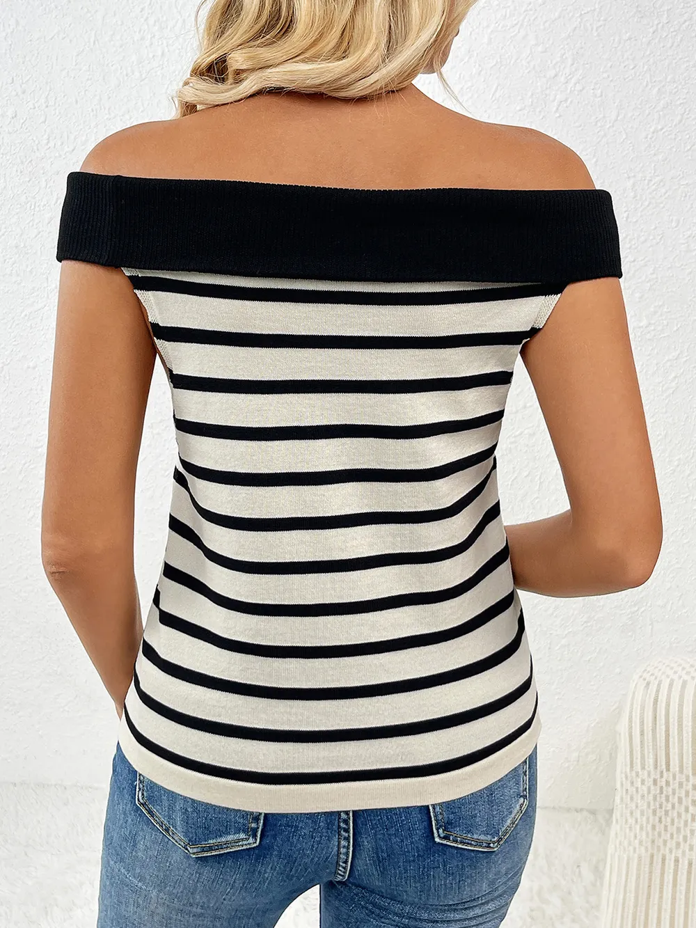 Decorative Button Striped Off-Shoulder Knit Top, image 15