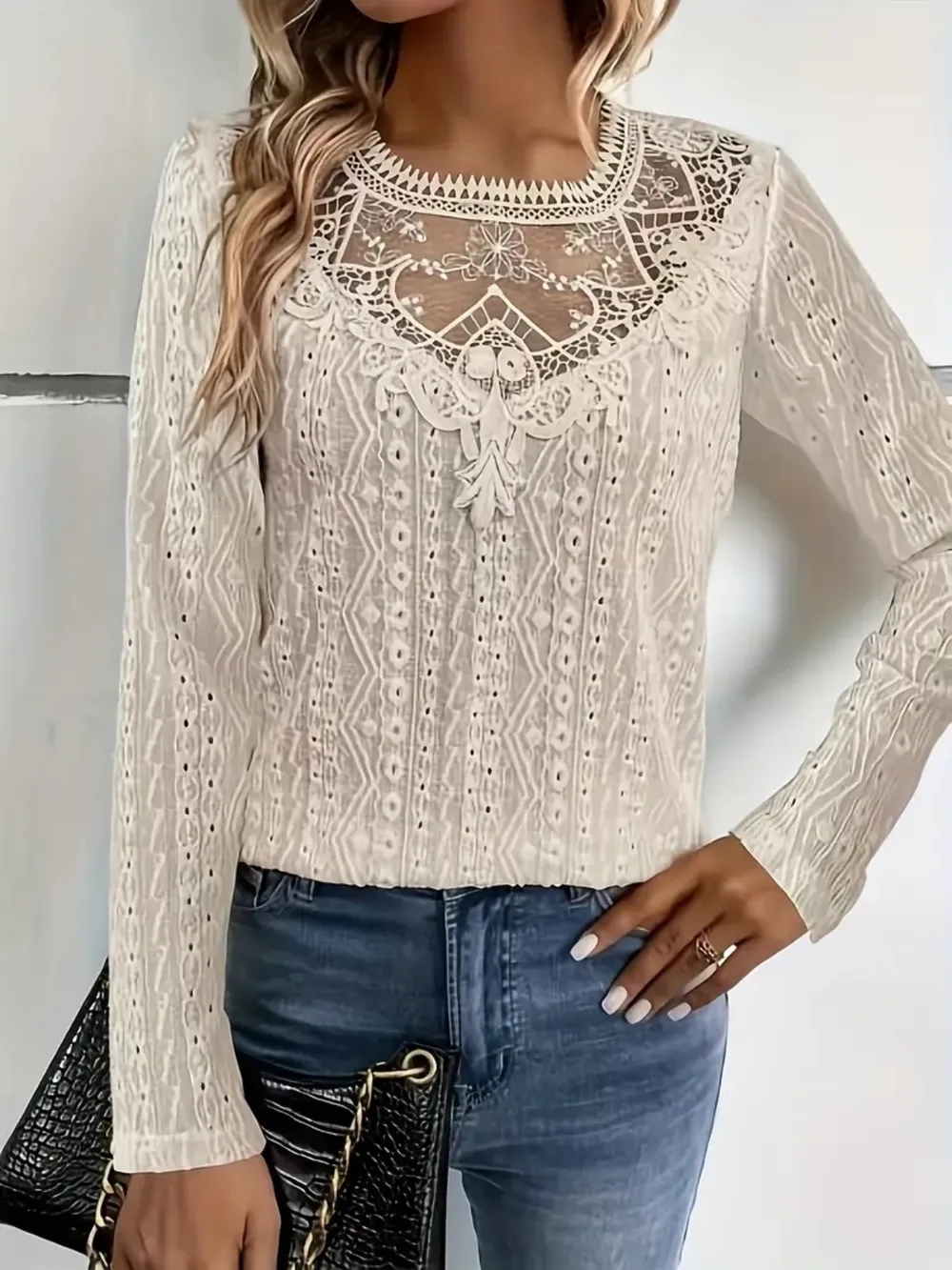 Lace Eyelet Long Sleeve Top, image 7