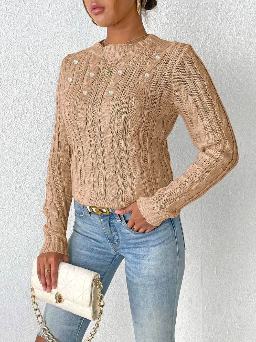 Cable-Knit Round Neck Long Sleeve Sweater, image 4