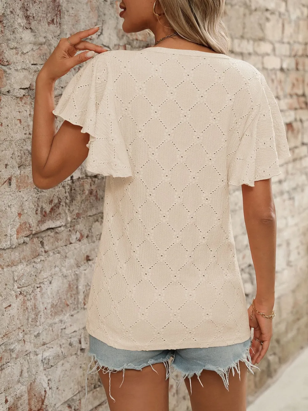 Eyelet Round Neck Flutter Sleeve Top, image 8