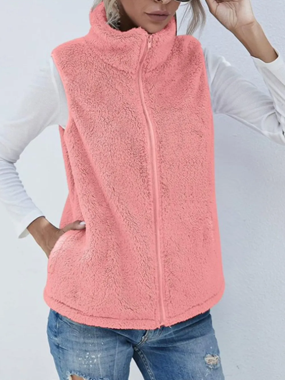 Full Size Fuzzy Zip Up Vest Coat with Pockets, image 13