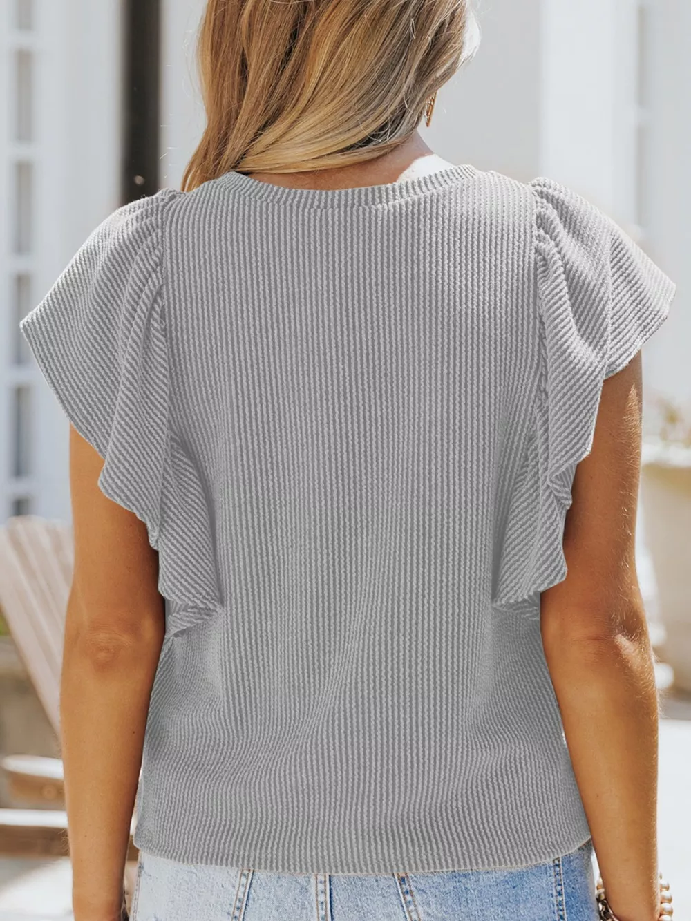Full Size Ruffled Sleeve Ribbed Knit T-Shirt Plus Size, image 16