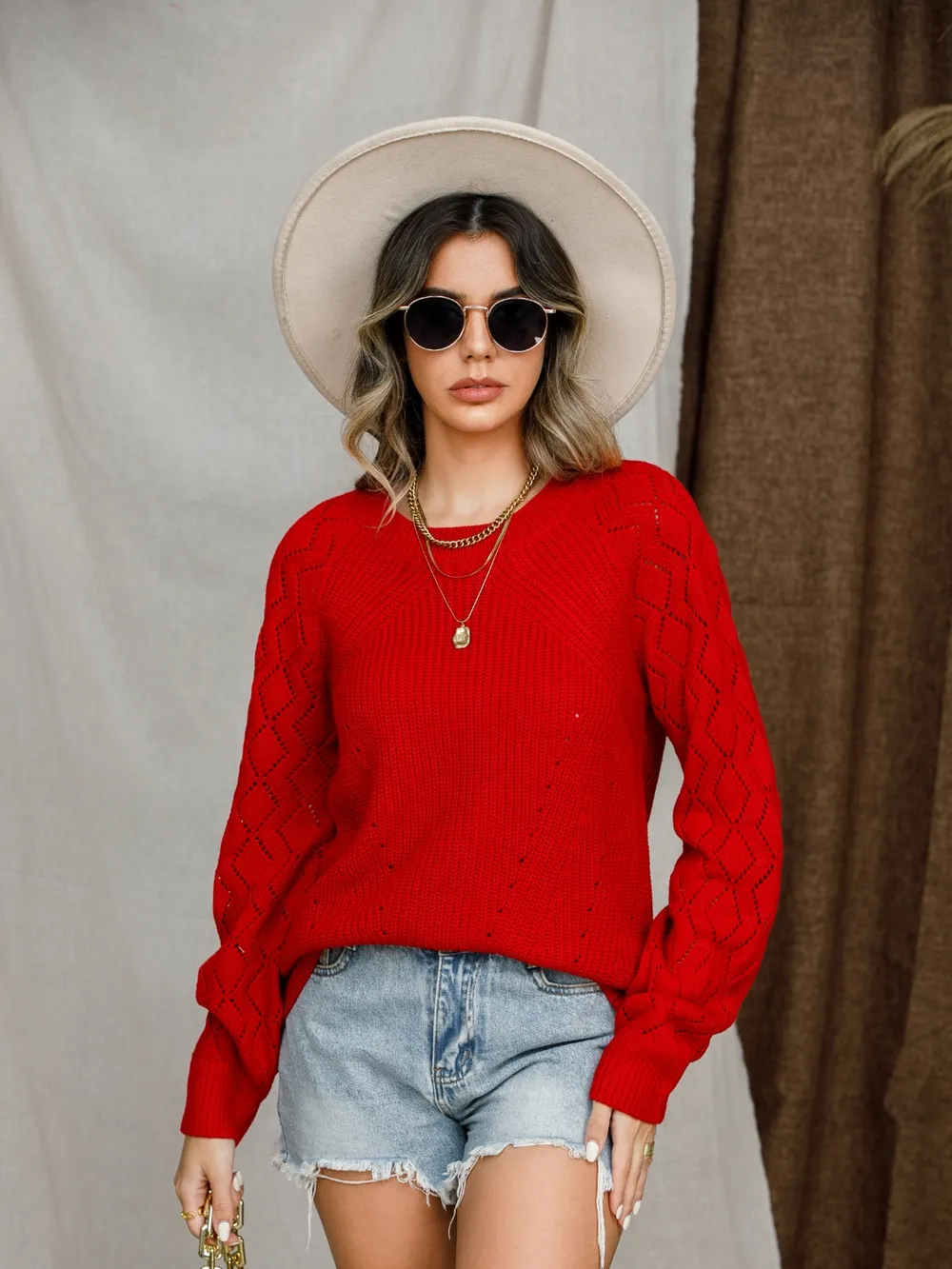 Openwork Round Neck Raglan Sleeve Sweater, image 36