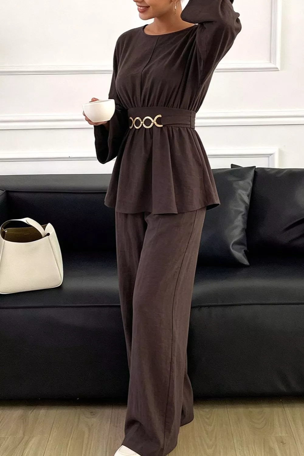 Metal Chain Waist Detail Top and Pants Set, image 8