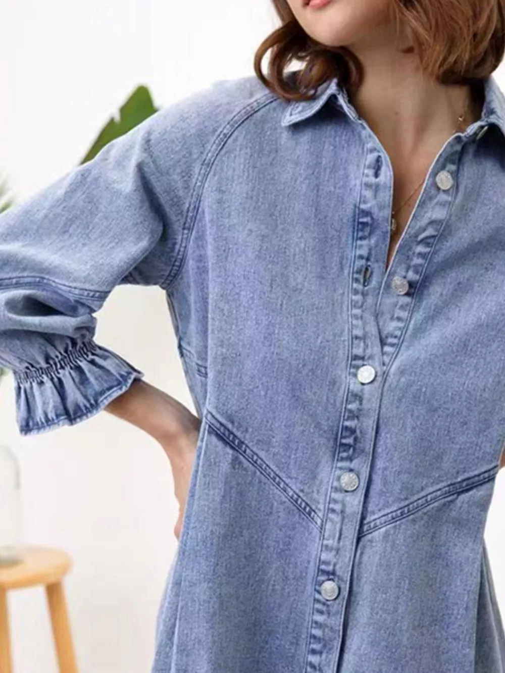 Ruffled Cuff Button-Down Denim Dress, image 6