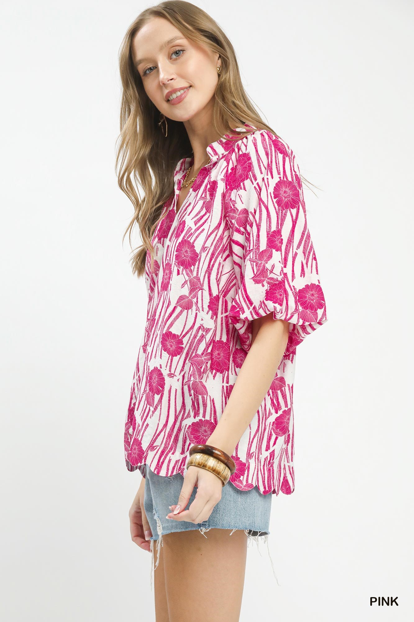 Floral Scalloped Edge Puff Sleeve Blouse with High-Low Curved Hem, image 2