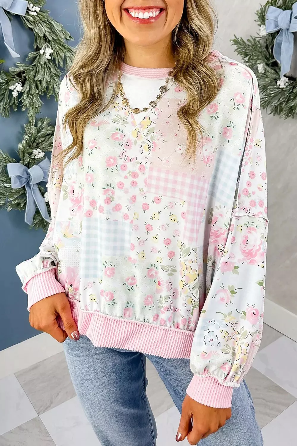 Twisted Ribbed Trim Floral Print Patchwork Long Sleeve Top, image 3