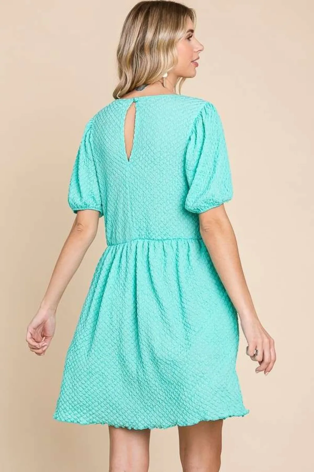 Full Size Textured Round Neck Puff Sleeve Dress, image 2