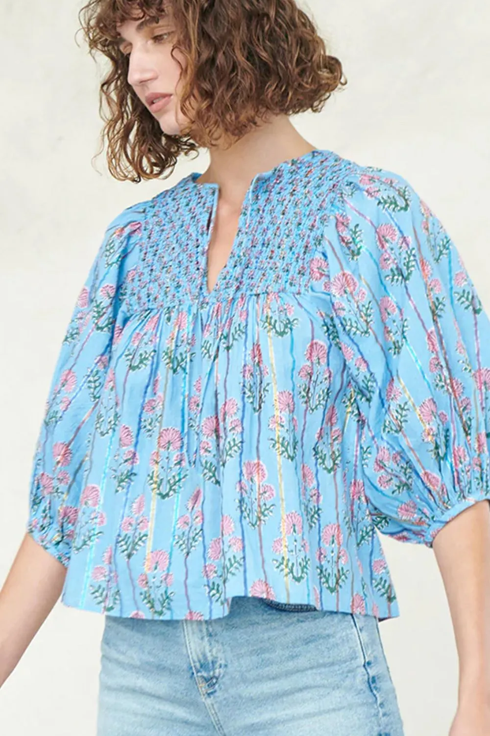 Smocked Floral Print Tie Neck Blouse, image 8