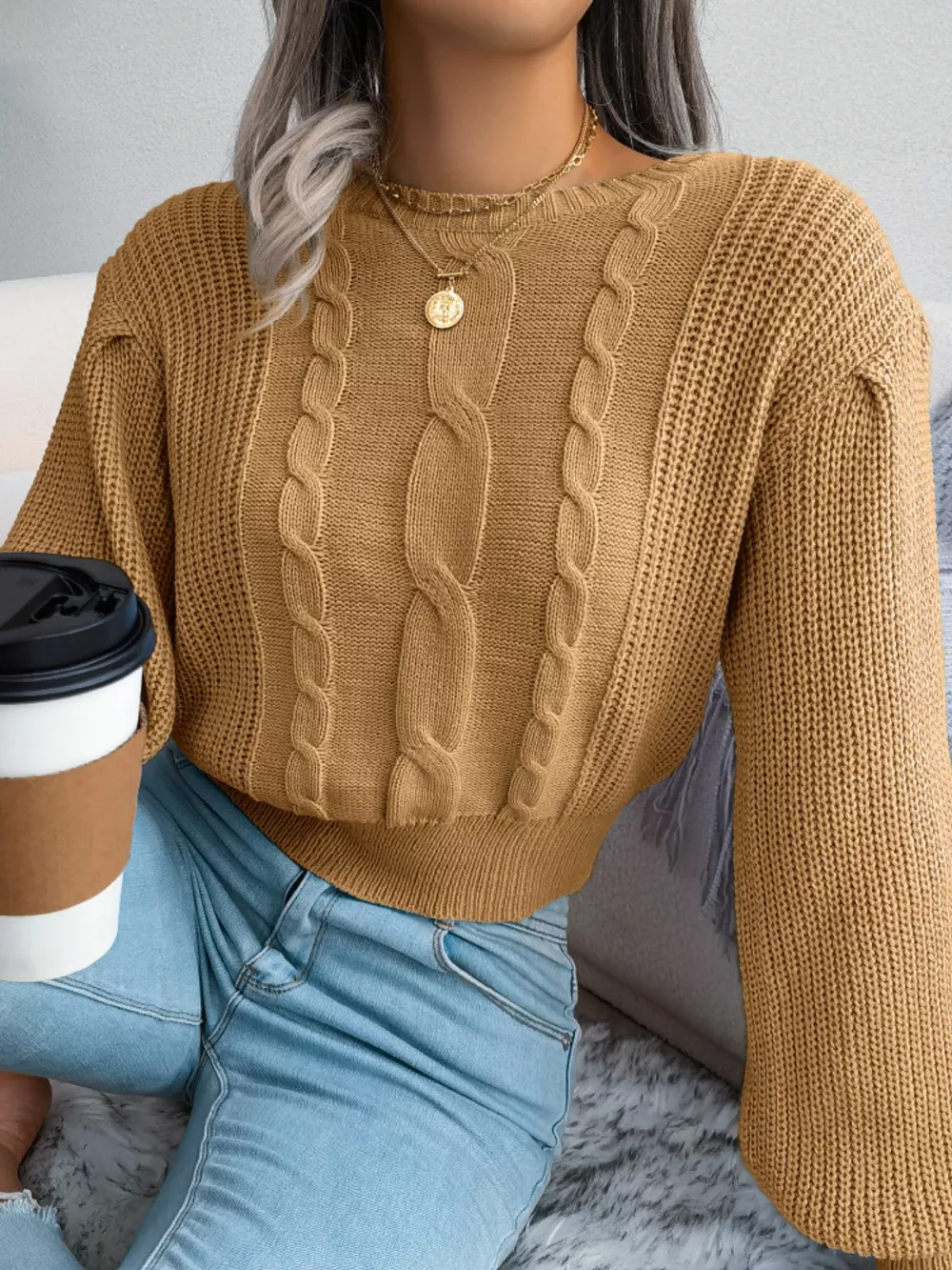 Cable Knit Round Neck Cropped Sweater, image 18