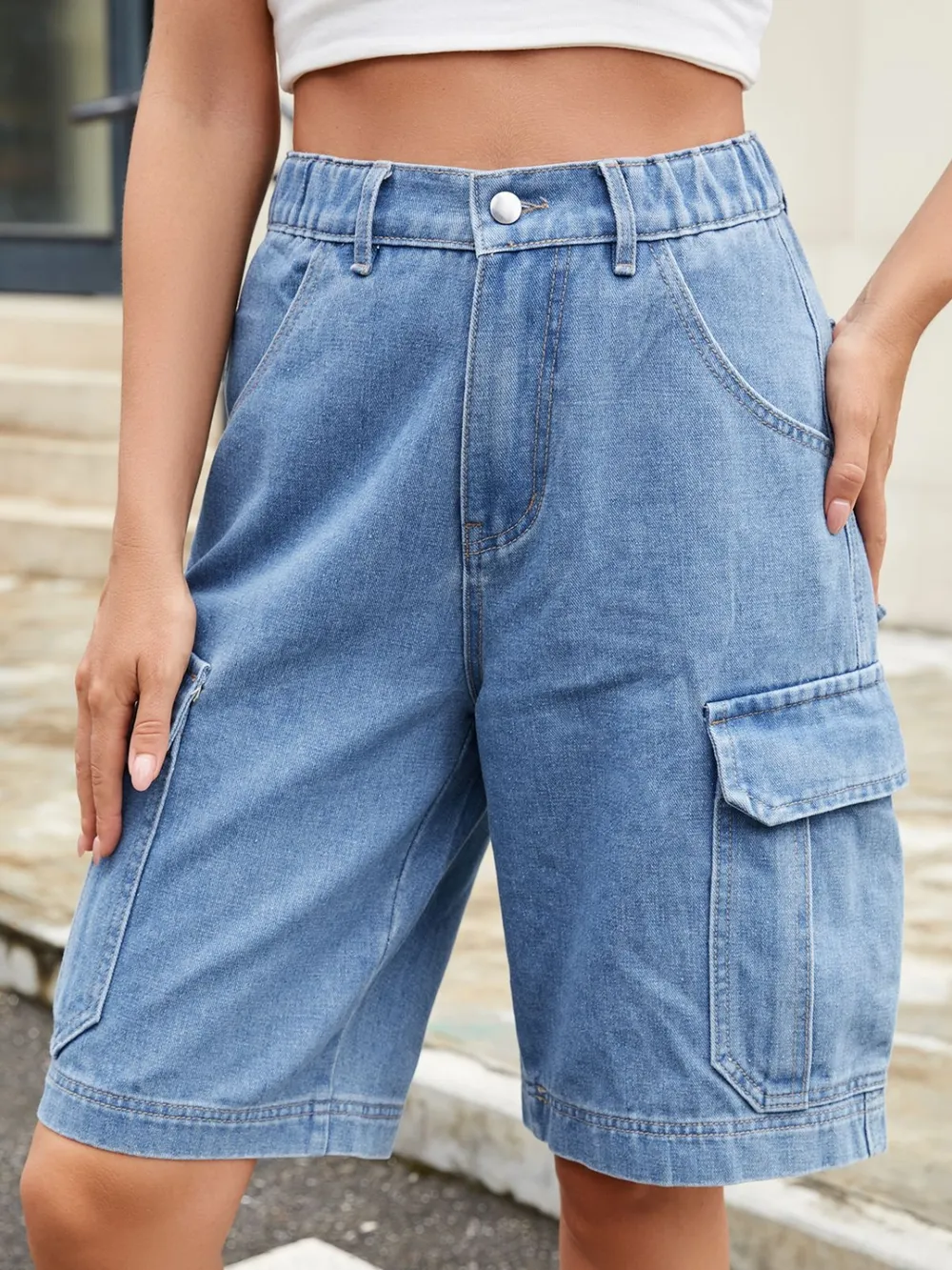 High Waist Denim Shorts with Pockets, image 3