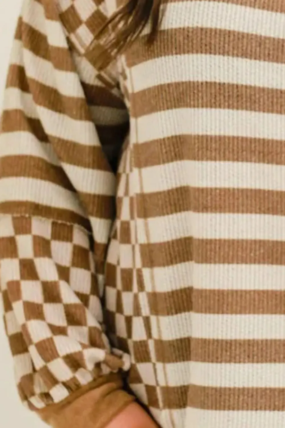 Plus Size Stripes & Checker Round Neck Long Sleeve Top, image 2