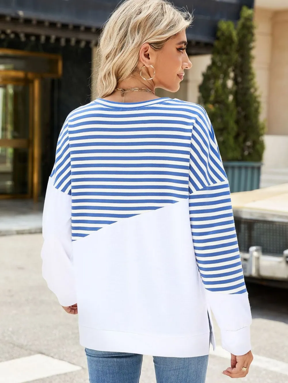 Slit Contrast Striped Long Sleeve Sweatshirt, image 3