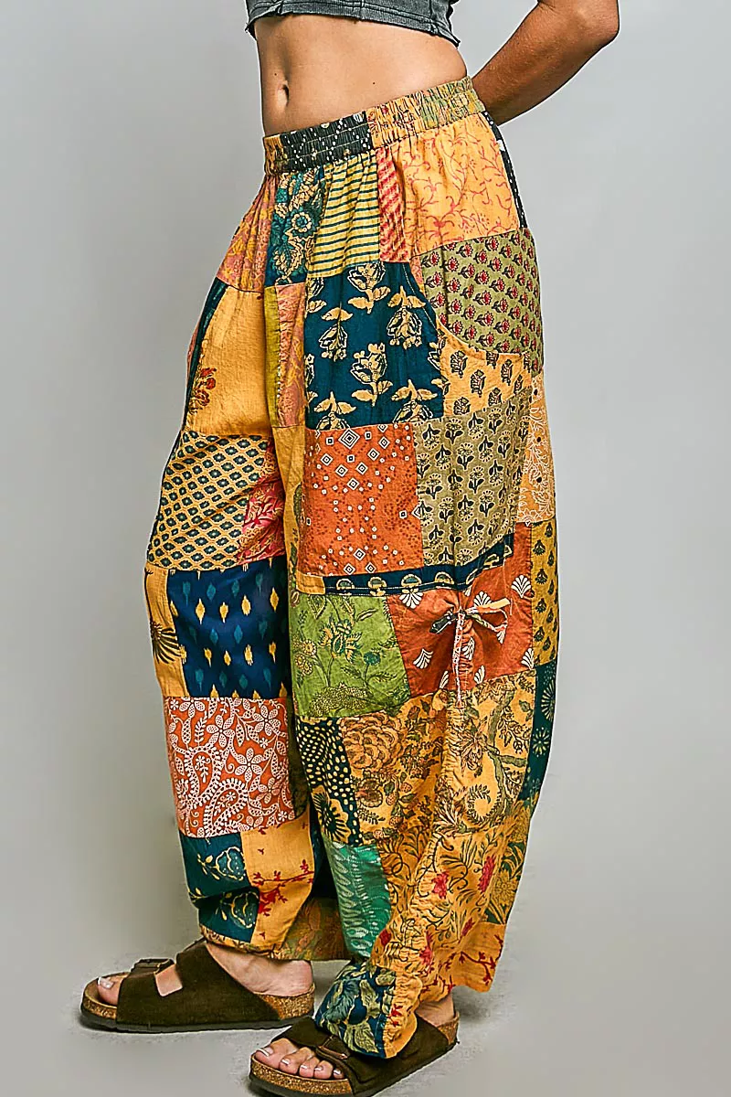 Printed Patchwork Wide Leg Pants with Adjustable Side Drawstring, image 2