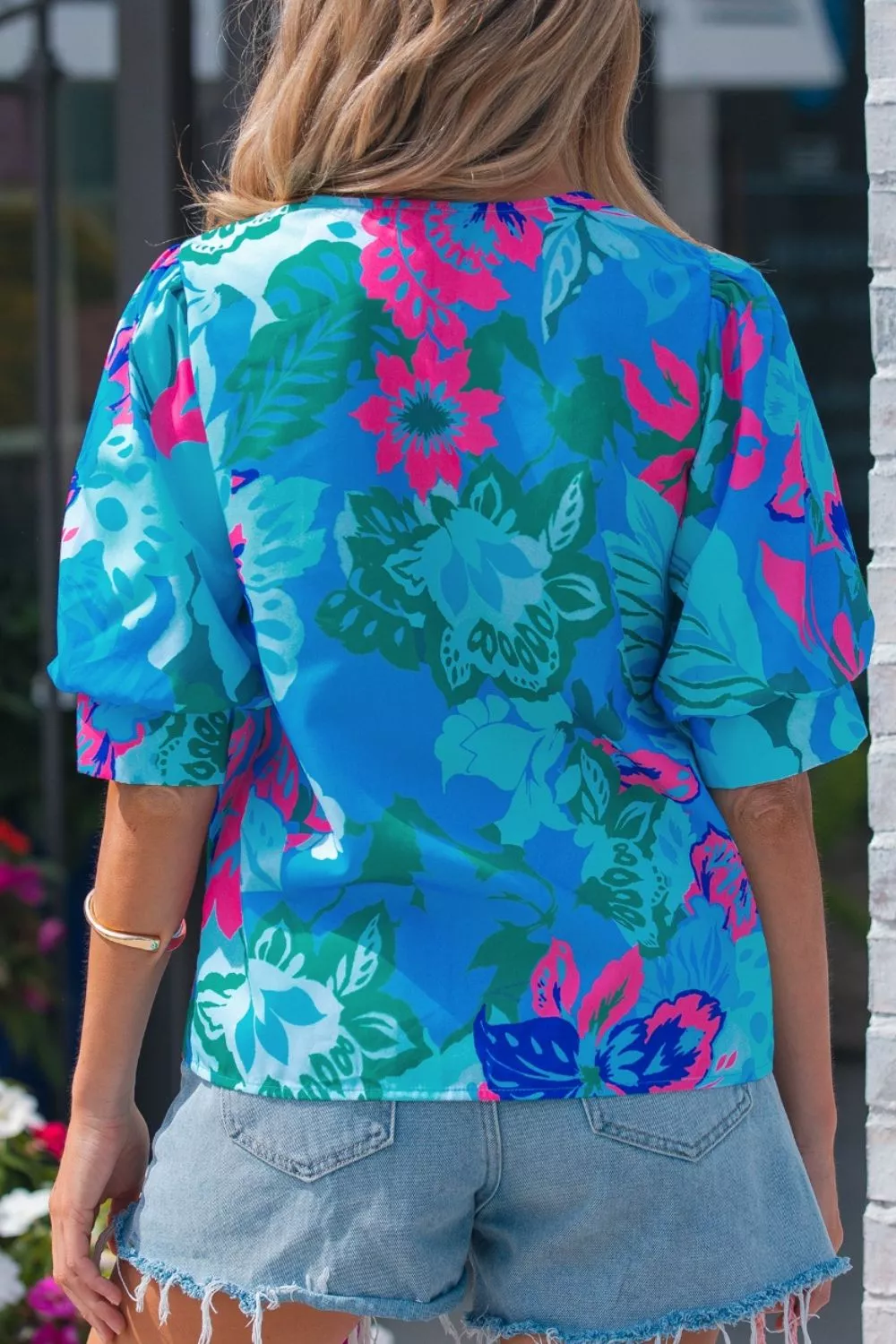Floral Print V Neck Half Sleeve Blouse, image 2