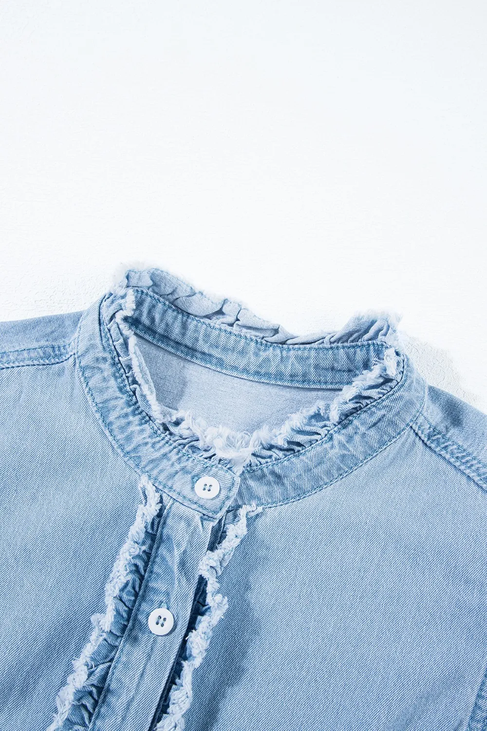 Button Down Raw Hem Ruffled Denim Shirt, image 7