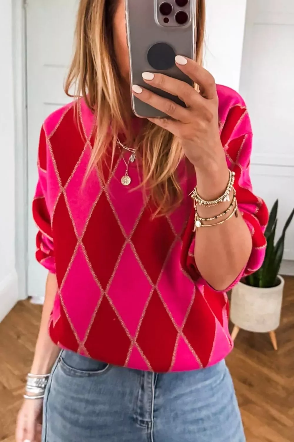 Argyle Pattern Long Sleeve Sweater, image 3