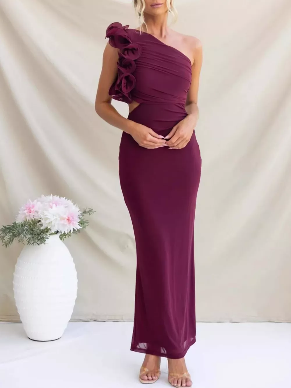 One-Shoulder Floral Trim Sleeveless Maxi Dress, image 14
