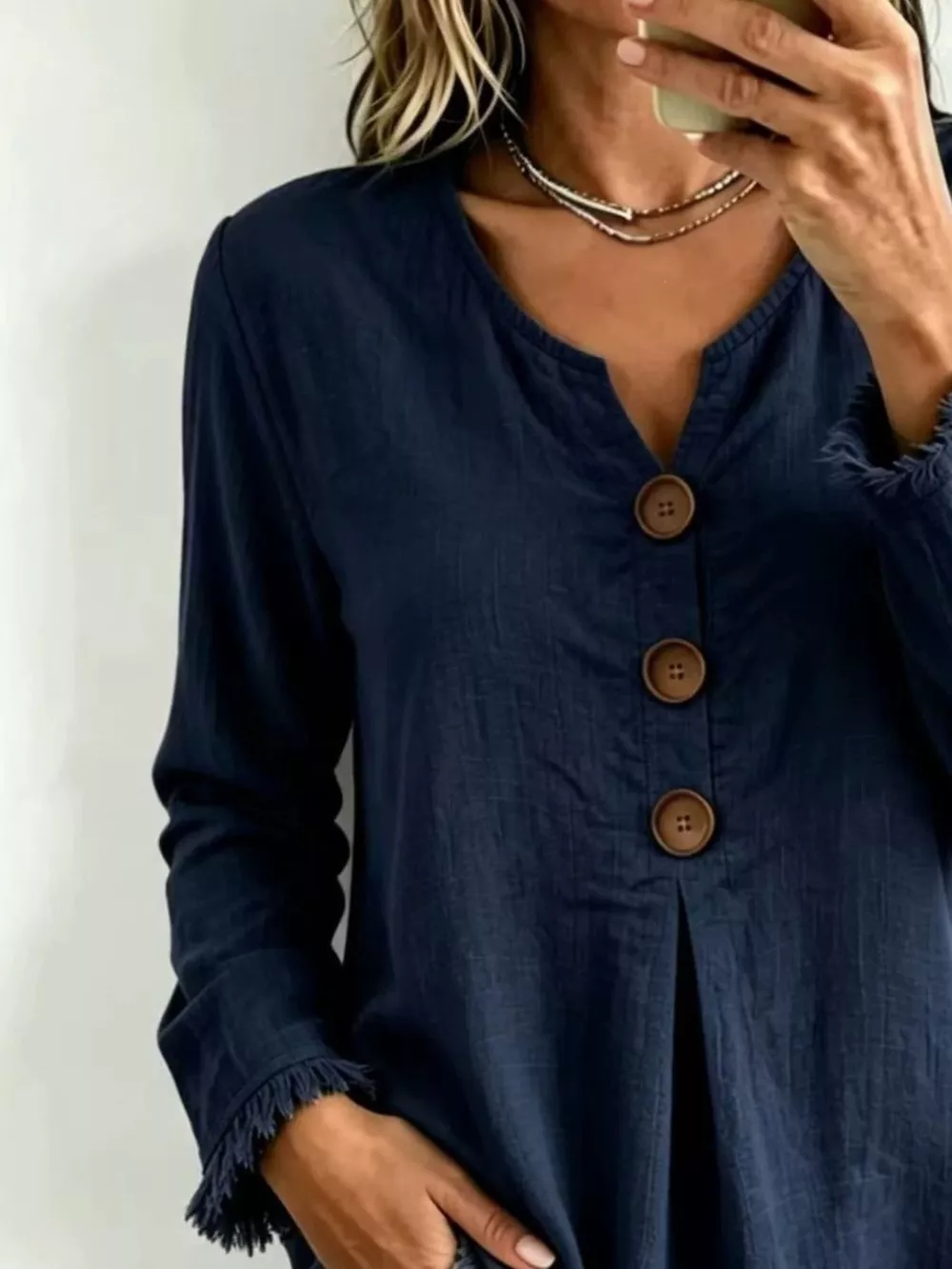Full Size Casual Half-Button Blouse with Frayed Hem Detail Plus Size, image 4