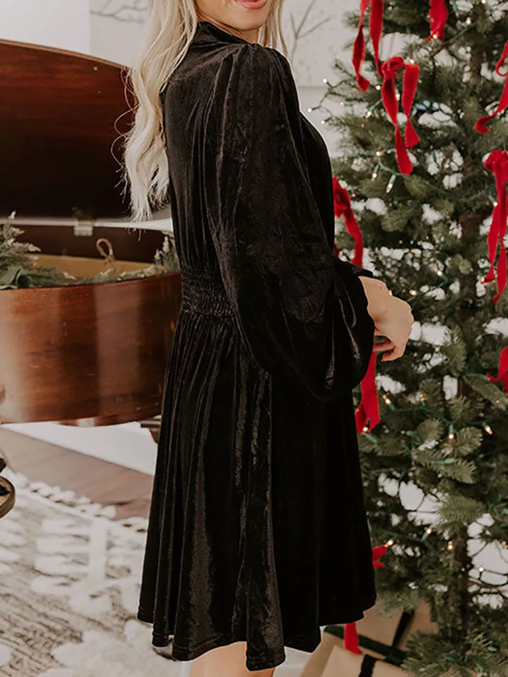 Velvet Mock Neck Balloon Sleeve Dress, image 8