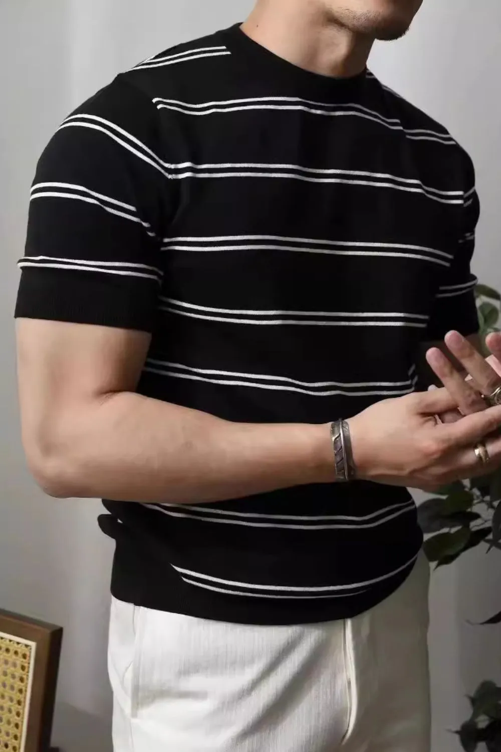Men's Plus Size Round Neck Striped T-Shirt, image 5