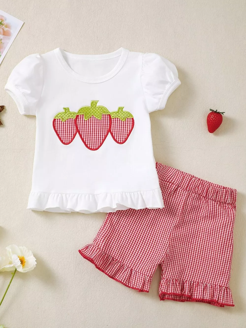 Children's Strawberry Gingham Ruffle Trim Top and Shorts Set