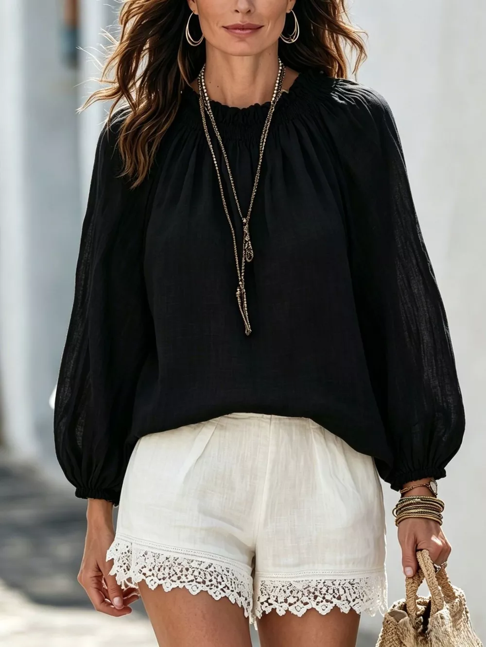 Round Neck Balloon Sleeve Blouse, image 9