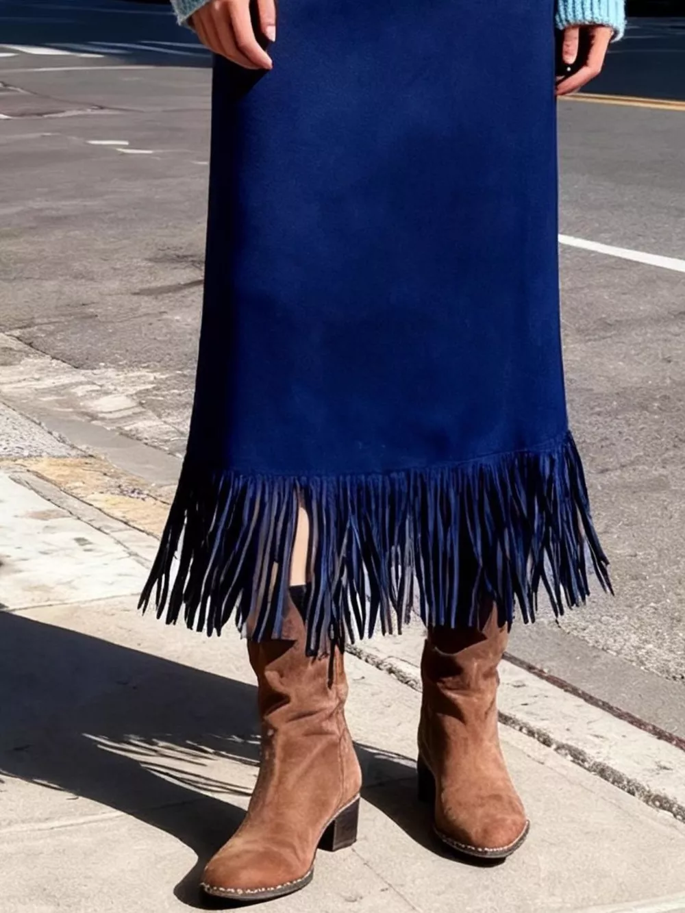 High-Waisted Suede Fringe Midi Skirt, image 15
