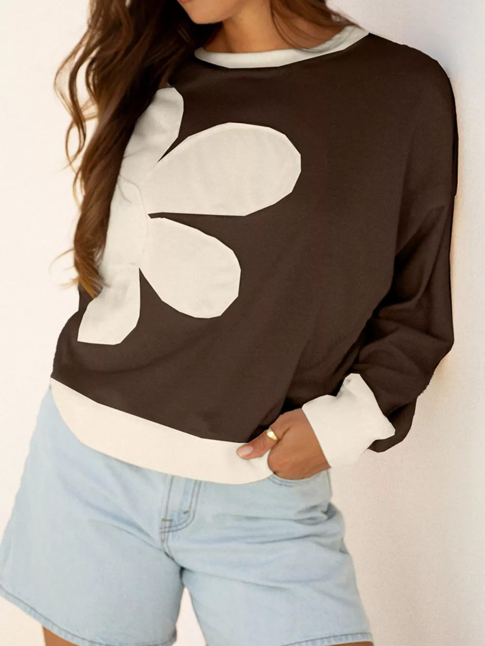 Raw Edge Flower Patch Drop Shoulder Casual Top, image 4