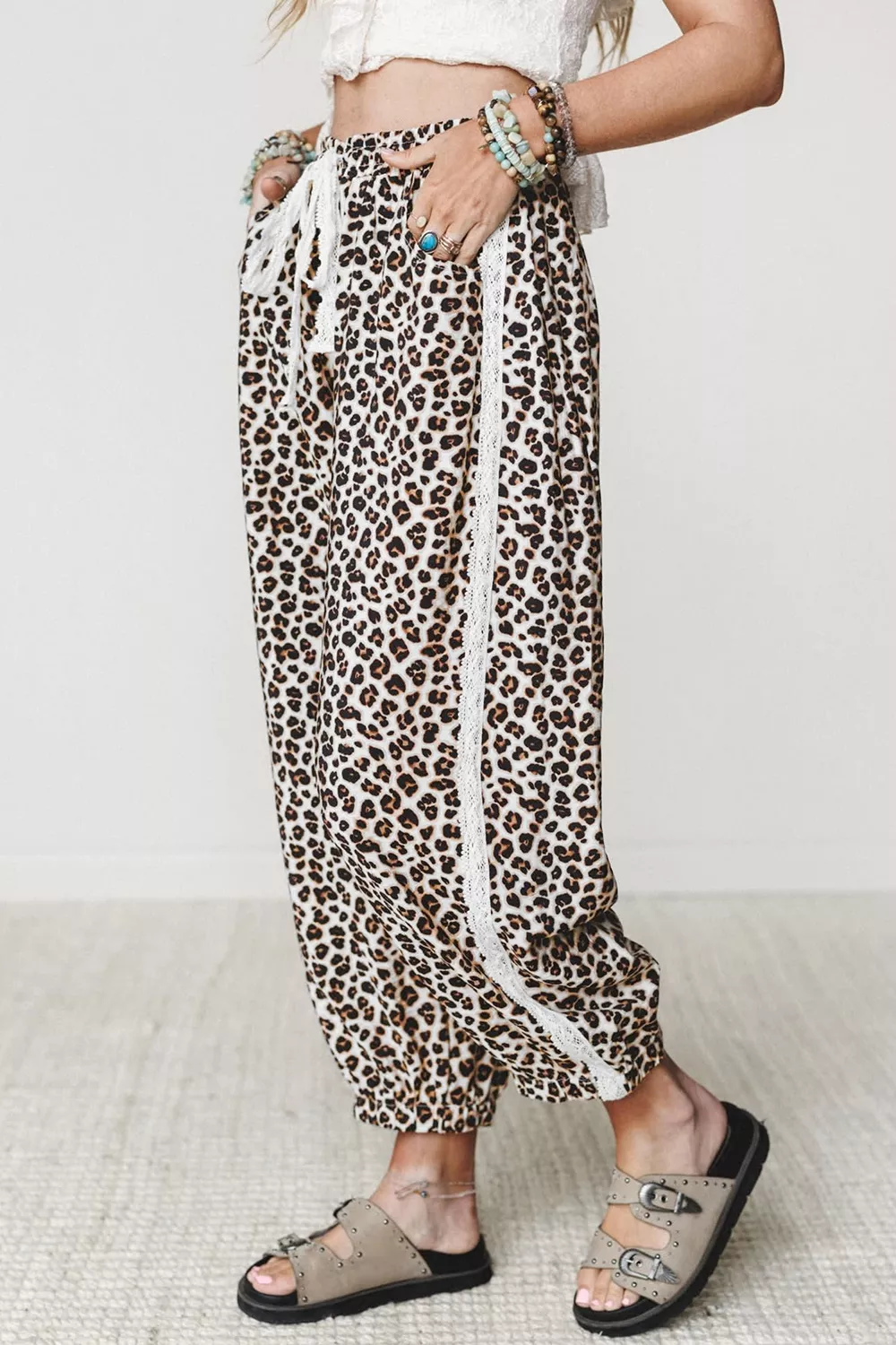 Leopard Print Ankle-Length Elastic Waist Pants, image 2