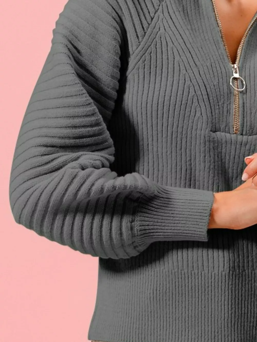 Half Zip Raglan Balloon Sleeves Ribbed Sweater, image 3