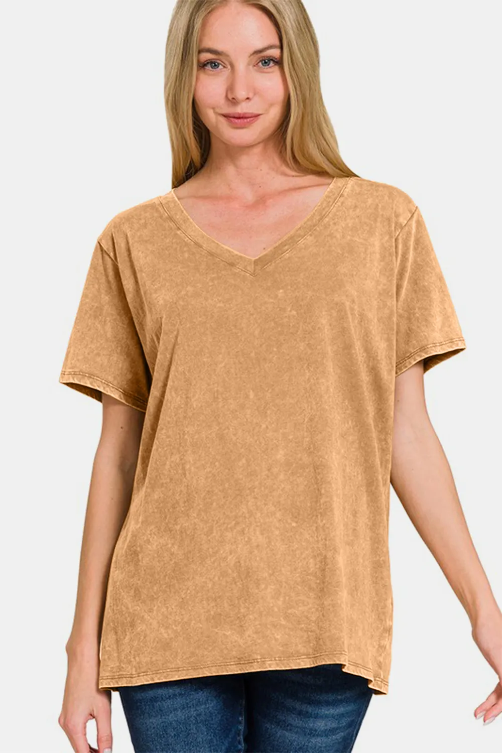 Full Size Washed Short Sleeve V-Neck T-Shirt, image 3