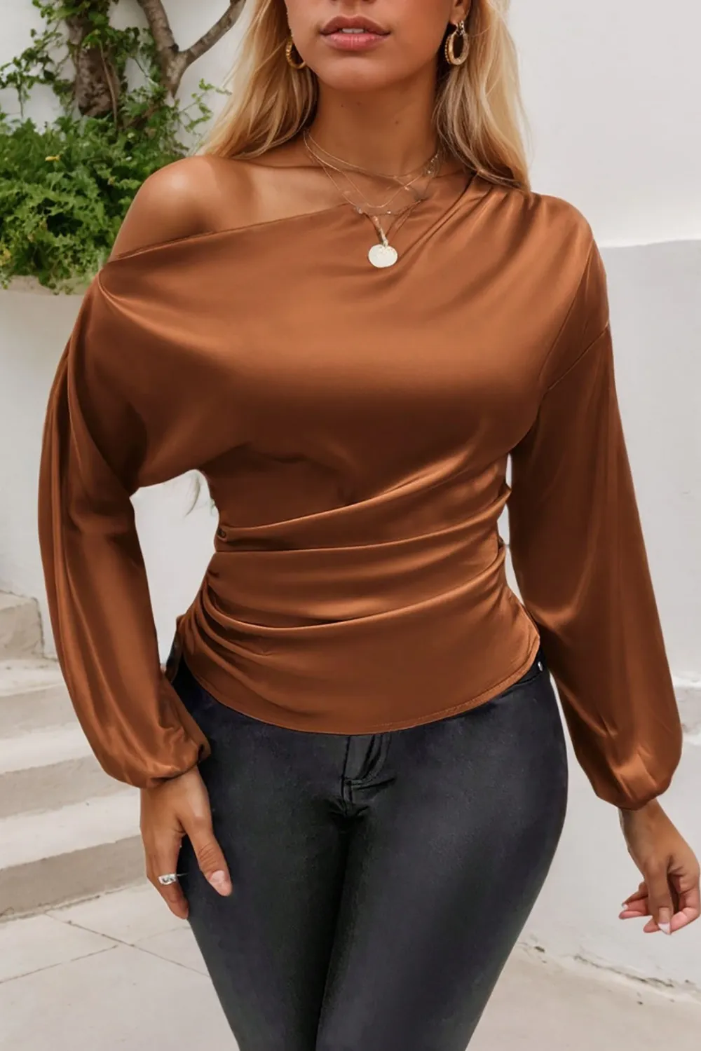 Drawstring One Shoulder Long Sleeve Blouse, image 18