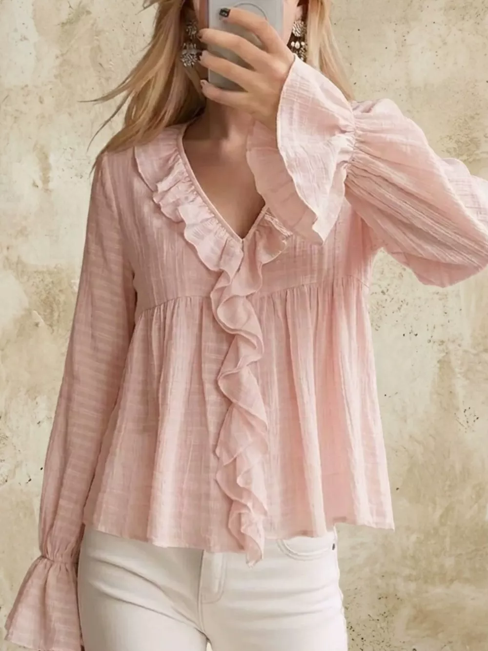 Ruffled V-Neck Flounce Sleeve Blouse, image 3