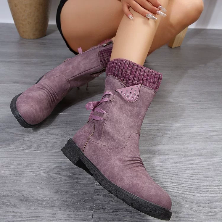 Knitted Cuff Round Toe Boots, image 5