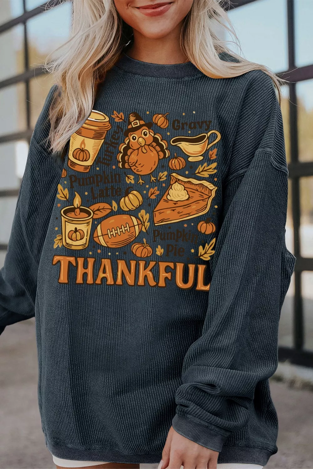 Thankful Thanksgiving Graphic Long Sleeve Sweatshirt, image 2