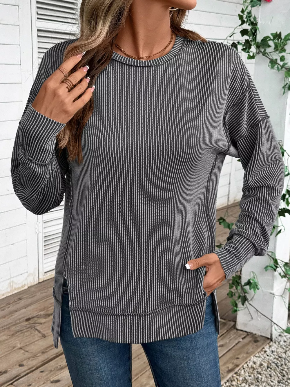 Side Slit Round Neck Sweatshirt, image 8