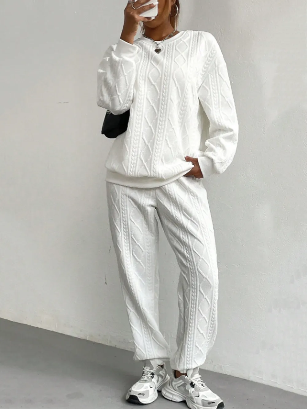Texture Round Neck Top and Pants Set, image 5