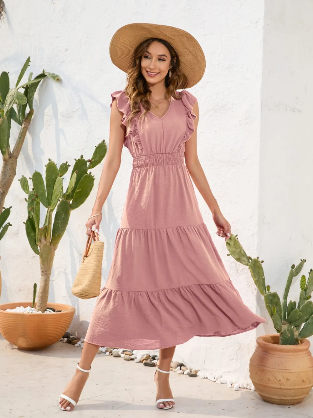 Tiered Ruffled V-Neck Cap Sleeve Dress, image 13