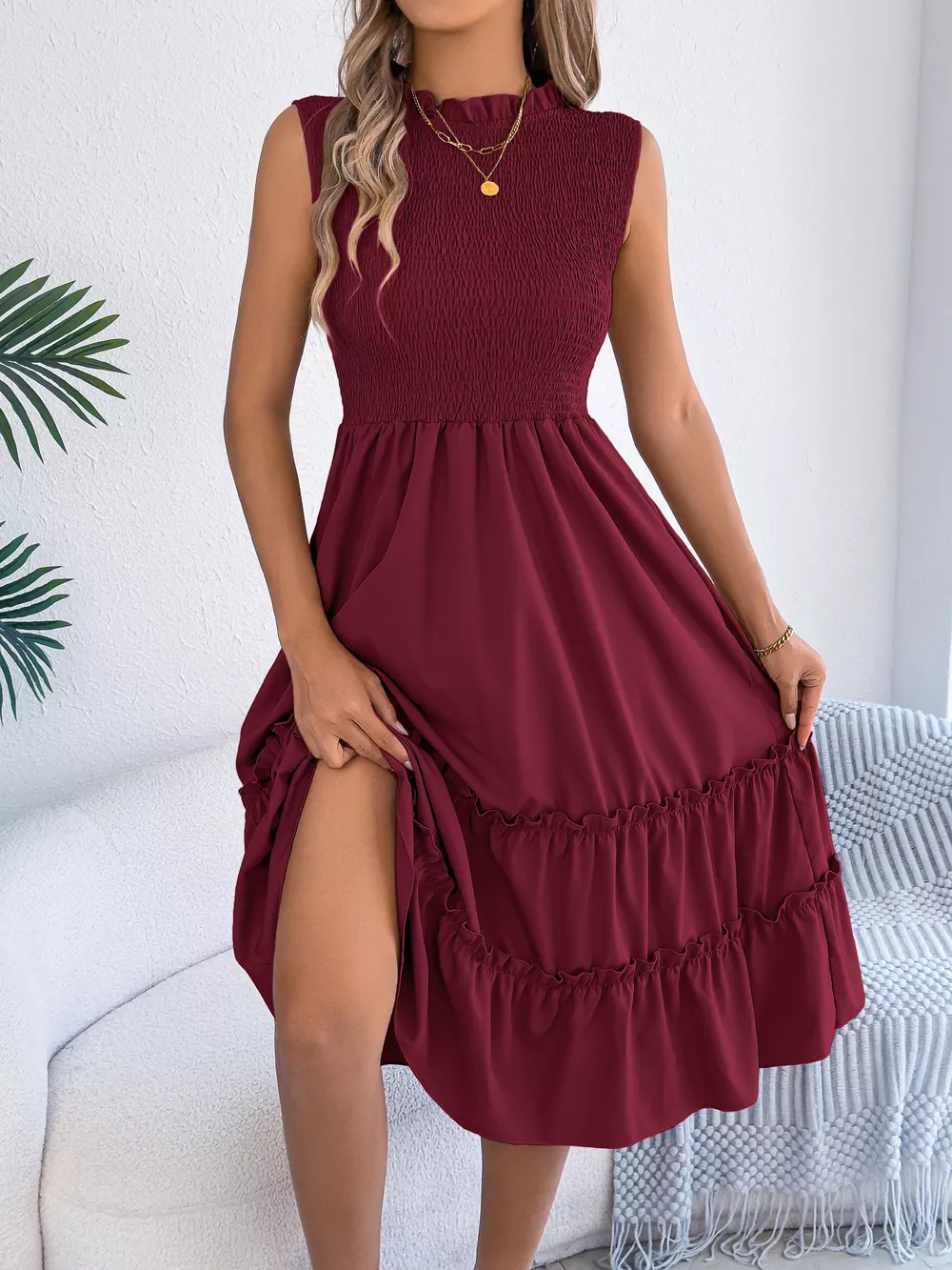 Smocked Sleeveless Tiered Dress, image 7