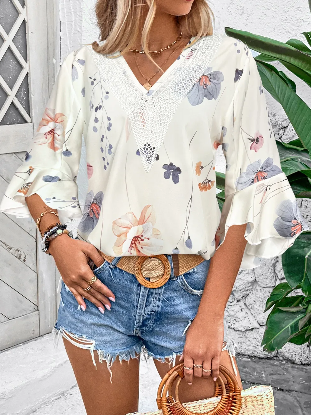 Ruffled Printed V-Neck Half Sleeve Blouse, image 4