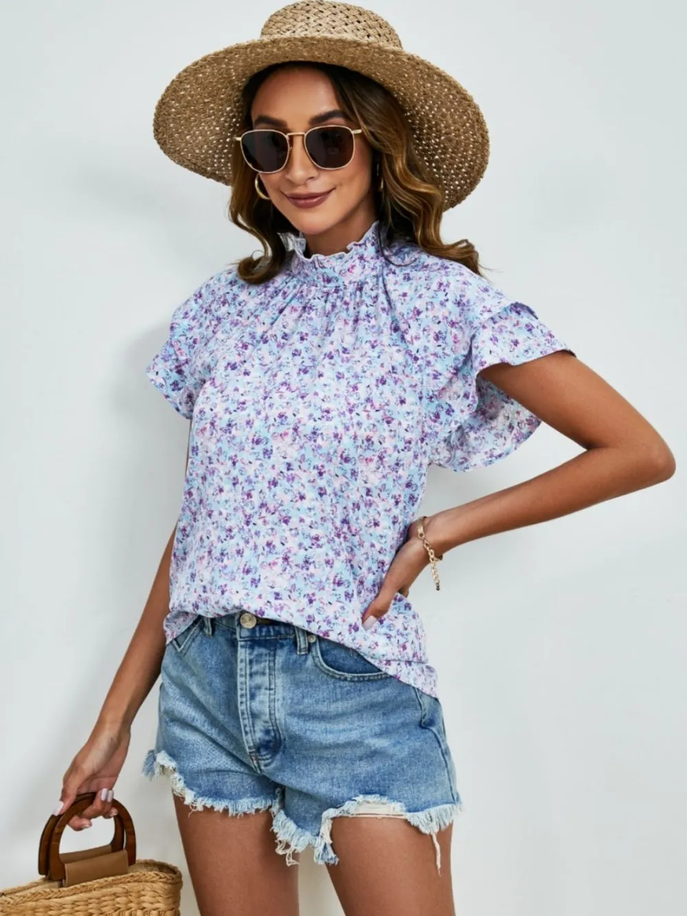 Ditsy Floral Mock Neck Flounce Sleeve Blouse, image 5