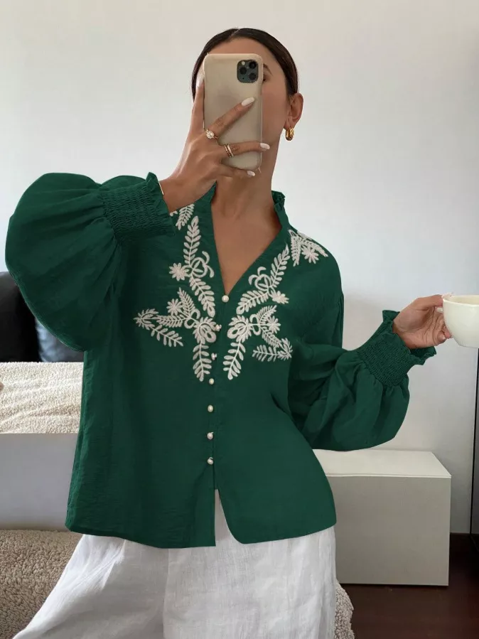 Embroidered Notched Long Sleeve Blouse, image 13