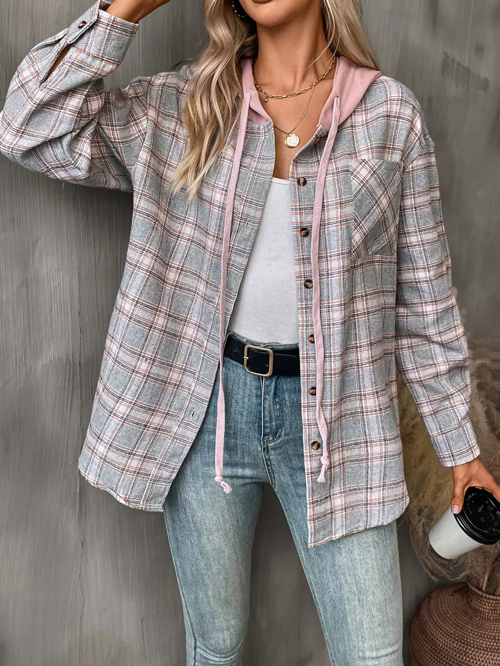 Plaid Button-Up Hooded Shirt with Chest Pocket, image 8